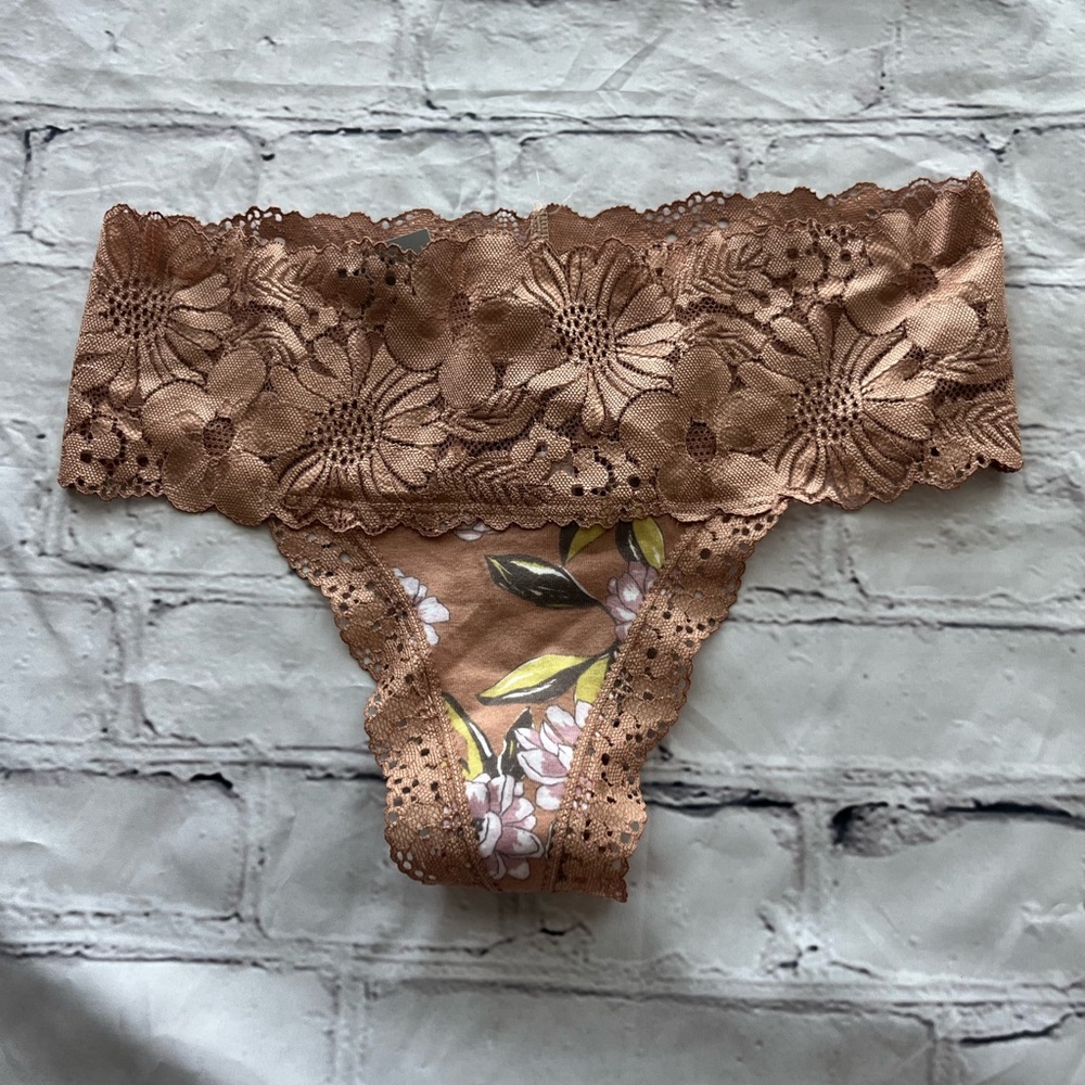 Aerie Brown Floral Lace Thong